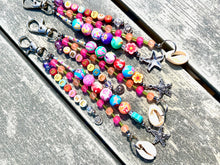 Load image into Gallery viewer, Handbag or key charm accessory with cowrie shell and heart charms and floral summer beachy festival beads, unique gift for her, just breathe