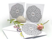 Load image into Gallery viewer, © Lotus and Mandala colouring in Cards with envelopes for Peace Calm Meditation and Relaxation Colour in your own mini cards (pack of 3) 4"x4"