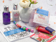 Load image into Gallery viewer, Mother's Day Care Gift, Floral Bead, Bag or Key Charm Gift pack with Heart Charm, with Colouring in card, bath fizzes and other curated goodies