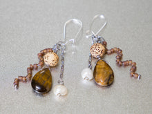 Load image into Gallery viewer, . Tigers Eye, Pearl, Lotus Flower Seed Bead and Frosted glass Bead Earrings