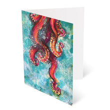 Load image into Gallery viewer, Designer greeting cards featuring Corrina Korrubel's acrylic painting artwork of an Octopus in motion.