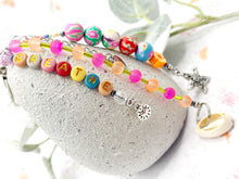 Load image into Gallery viewer, Handbag or key charm accessory with cowrie shell and heart charms and floral summer beachy festival beads, unique gift for her, just breathe