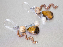 Load image into Gallery viewer, . Tigers Eye, Pearl, Lotus Flower Seed Bead and Frosted glass Bead Earrings