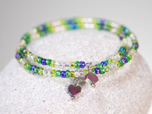 Load image into Gallery viewer, Pretty Spring Greens Memory Wire Bracelet with Rainbow Hematite Heart Charms