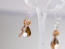 Load image into Gallery viewer, . Tigers Eye, Pearl, Lotus Flower Seed Bead and Frosted glass Bead Earrings