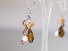 Load image into Gallery viewer, . Tigers Eye, Pearl, Lotus Flower Seed Bead and Frosted glass Bead Earrings