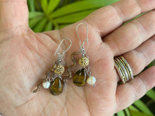 Load image into Gallery viewer, . Tigers Eye, Pearl, Lotus Flower Seed Bead and Frosted glass Bead Earrings