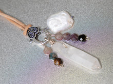 Load image into Gallery viewer, . Quartz Crystal Charm Necklace with a Tourmaline Crystals and large square natural pearl, birthday gift, gift for her