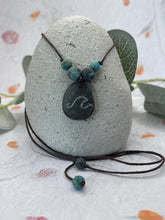 Load image into Gallery viewer, Hand Engraved Beach Pebble Necklace – Ethically Sourced Coastal Jewellery with Natural Beach Stones and Pearl for a Boho Summer Look