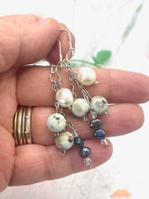 Load image into Gallery viewer, Designer Hand-made Drop Earrings with Pearls Crystal and Kiwi Jasper