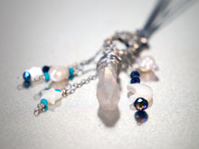 Load image into Gallery viewer, . Quartz Crystal Charm Necklace with Mother Of Pearl Moon and Stars, featuring little pearls on a double cotton cord with extender chain