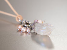Load image into Gallery viewer, . Quartz Crystal Charm Necklace with a cluster of Pink, peach and white pearls, birthday gift, gift for her