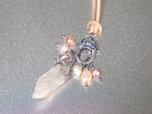 Load image into Gallery viewer, . Quartz Crystal Charm Necklace with a cluster of Pink, peach and white pearls, birthday gift, gift for her