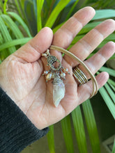 Load image into Gallery viewer, . Quartz Crystal Charm Necklace with a cluster of Pink, peach and white pearls, birthday gift, gift for her