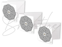Load image into Gallery viewer, © Lotus and Mandala colouring in Cards with envelopes for Peace Calm Meditation and Relaxation Colour in your own mini cards (pack of 3) 4"x4"