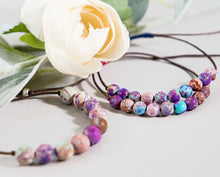 Load image into Gallery viewer, The most beautiful, unique stones. Pinks, purple, turquoise and lilacs marble they weay through these stones. 10 Stones on a cotton cord to help you to keep count of your breaths during your 10 breaths practice.