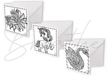 Load image into Gallery viewer, © Nature theme colouring in Cards with envelopes for Peace Calm Meditation and Relaxation Colour in your own mini cards (pack of 3) 4&quot;x4&quot;
