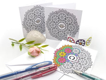 Load image into Gallery viewer, © Lotus and Mandala colouring in Cards with envelopes for Peace Calm Meditation and Relaxation Colour in your own mini cards (pack of 3) 4&quot;x4&quot;
