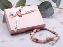 Load image into Gallery viewer, Rose Pink Opal Stone Bracelet Gift for Her 10 Breaths, Breathe Bracelet Letter Box Care Pack in beautiful tones of pinks with special touches
