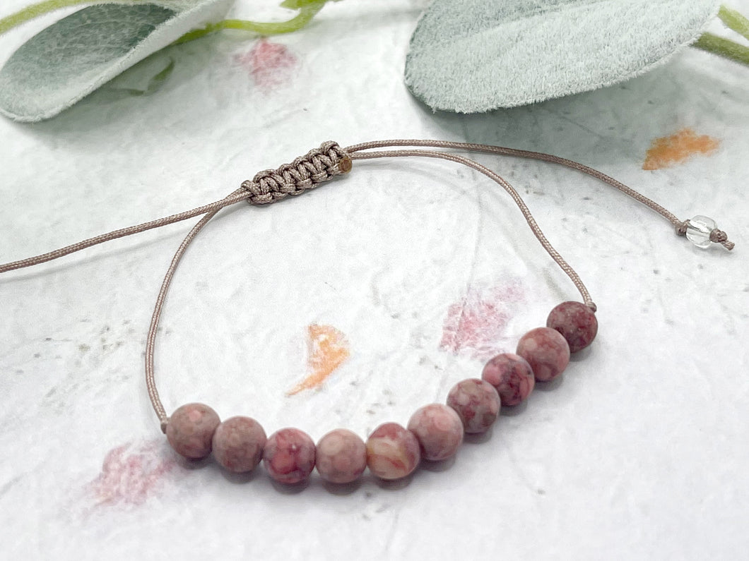 Frosted Pink and Red Rainflower stone bead 10 breaths bracelet for anxiety calming and stress relief, care gift with lotus flower charm
