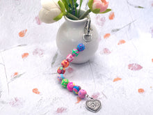 Load image into Gallery viewer, Floral Bead, Bag or Key Charm Gift pack with Heart Charm, for Valentines or Mothers day with Colouring in card, bath fizzes and other curated goodies
