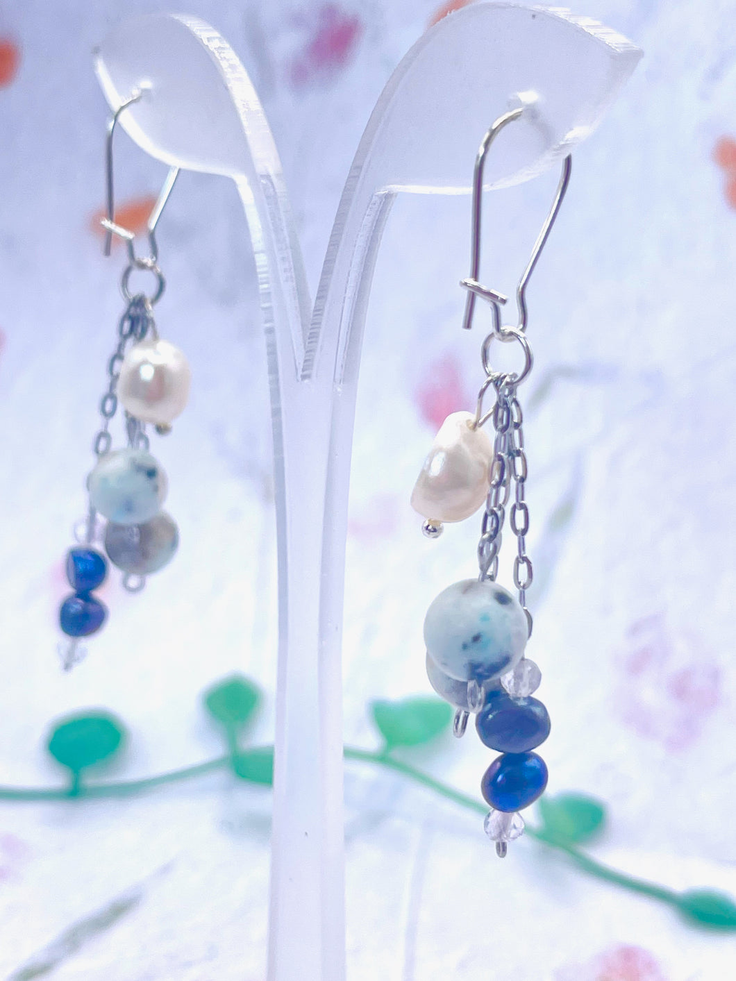 Designer Hand-made Drop Earrings with Pearls Crystal and Kiwi Jasper