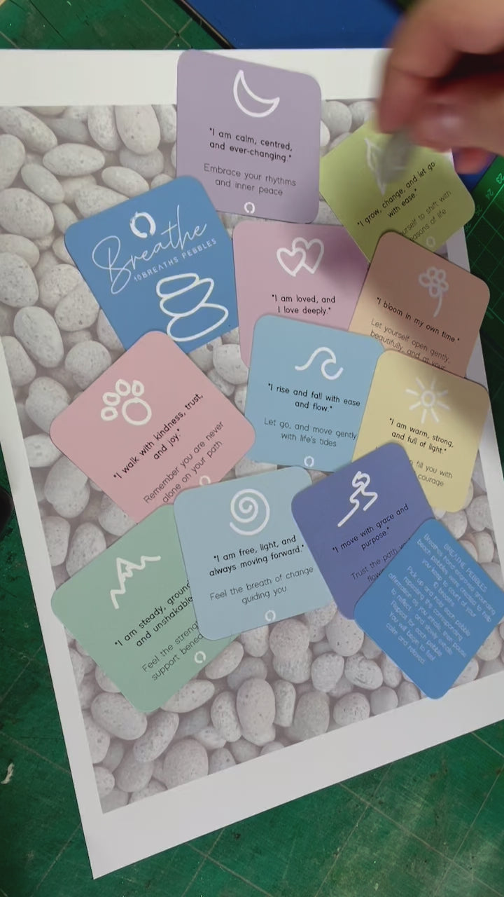 a short video showing how to place the 10 breathe affirmation stones on the cards before your practice and the little carry bag that comes with it.