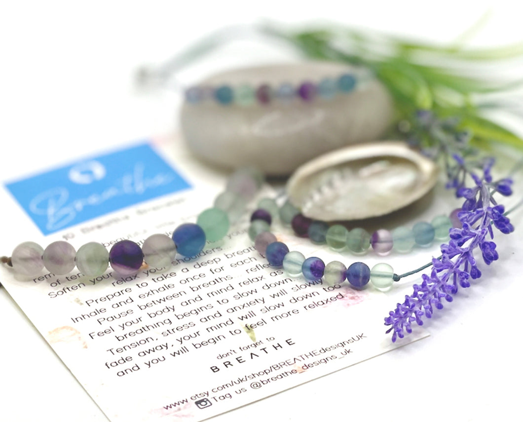 Breathe Bracelet – 10 Matte Fluorite Beads for Calming, Healing & Balance, Rainblow fluorite Blue Breathe Bracelet